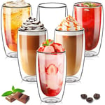 TKNO Set of 6 450ml Double Walled Tall Coffee Glasses Mugs Cups, for Coffee Tea Milk Juice Ice Cream Dessert Borosilicate Heat Resistant Large Glass Cups, Microwave Safe, Ideal for Hot and Cold Drinks