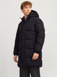 Jack & Jones Mens Long Line Puffer Coat Padded Zip Fastened Hooded - Black - Size Medium