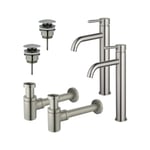 Fortifura Calvi Kit robinet lavabo - pour double vasque - robinet rehaussé - bonde clic clac - siphon design bas - Inox brossé PVD