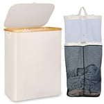 iEGrow Washing Basket for Laundry 150L XL－Extra Large 2 Compartments Laundry Basket with Bamboo Handle and Lid, Dirty Clothes Storage Folable Laundry Hamper for Clothes Toys Towels (Beige)