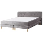 Lit Boxspring Double 180x200 cm en Velours Gris avec Pieds en Bois Élégant et T