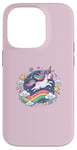 Coque pour iPhone 14 Pro Licorne ludique volant à travers le ciel étoilé avec arc-en-ciel