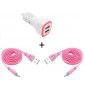 Pack Voiture Pour Nokia 2.3 Smartphone Micro Usb (2 Cables Smiley + Double Adaptateur Led Allume Cigare) - Rose