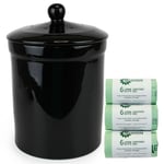 Portland Ceramic Compost Caddy/Food Waste Bin- Black & 150x 6L All-Green Bags