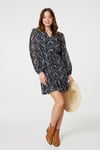 Izabel London Womens Black Paisley V-Neck Long Sleeve Mini Dress - Size 18 UK