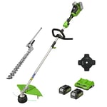 Greenworks Cordless Grass Trimmer 48V(2×24V) 40cm, 25cm Brush Cutter Blade, Pole Hedge Trimmer Attachment, incl. 2 Battery 4Ah & Dual Slot Charger