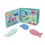 Janod - Livre de Bain Interactif avec 3 Jouets Aspergeurs Inclus - 1 Livre + 3 gicleurs - Développe la Motricité Fine - Nettoyage Facile - Dès 10 Mois - J04733