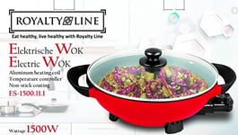 Royalty Line - Wok électrique 32 cm avec couvercle, 1500W, Contrôleur de température, Revêtement anti-adhésif