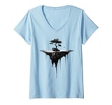 Womens Surreal Floating Island Shirt - Dark Forest and Tree Art V-Neck T-Shirt