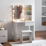 CLIPOP White Dressing Table Mirror with Adjustable LED Lights, Small Wood Makeup