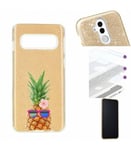 Coque Galaxy S10E glitter paillettes dore ananas lunettes tropical fleur