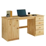 Bureau multi rangements MANAGER avec 4 tiroirs et 1 portes, en pin massif au vernis naturel