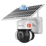 SHIWOJIA Camera Tuya Exterieur, Camera Solaire Exterieur WiFi sans Fil, 3MP Camera Smart Life, 360° PTZ, Vision Nocturne Couleur, Audio Bidirectionnel, PIR Sirène