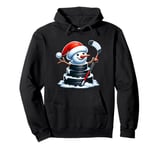 Cartoon Ice Hockey Puck Snowman with Santa Hat Christmas Pullover Hoodie