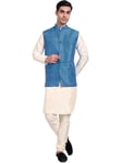 SKAVIJ Men's Indian Kurta Pyjama With Printed Nehru Jacket (Waistcoat) Set Party Wear Dress (Large, Turquoise)