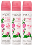 3X Yardley ENGLISH ROSE deodorising Body Spray Women's Fragrance 75ml