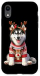 Coque pour iPhone XR Adorable Husky portant un pull de renne