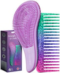 Lily England Detangle Hair Brush & Wide Tooth Comb Set - Lightweight Detangler for Women, Kids & Toddlers with Flexible Bristles - Detangling Comb & Hairbrush Kit for All Hair Types, Purple