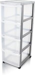 Iris Ohyama Plastic Storage Drawer Unit with Wheels, 4 Deep Drawers, Silver, Easy-Pull Handles, Supplies Organiser, For Bedroom, Bathroom, School & Office, BPA Free, Chest, Tower, DC-304