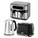 GEEPAS 1.7L Electric Kettle 2 Slice Bread Toaster & 9L Dual Zone Air Fryer Set