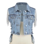 Gilet en jean sans manches pour femme avec franges - Veste décontractée en denim - Gilet de printemps - Cardigan, bleu clair, XS taille courte