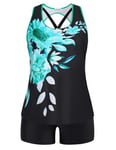 Hanna Nikole Swimming Costume Women 3 Pieces with High Waist Boyleg Stretchy for Swimming Surfing Green flower,28