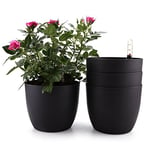 T4U 4 Pcs Pot à Réserve d'eau Rond en Plastique Noir 15 cm, Pot de Fleurs d’Extérieur et d'Intérieur avec Indicateur de Niveau d'eau Convient aux Jardins de Balcon