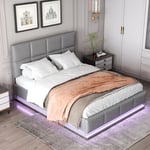 Lit coffre double 140x200 cm - tissu simili cuir, tête de lit avec éclairage led, rangements, sommier à lattes, lit adulte style luxe moderne - Gris