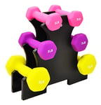 Signature Fitness Lot de 6 haltères en néoprène, antidérapants, anti-roulement, forme hexagonale, colorés, 2/3/2,3 kg, 9,1 kg avec support