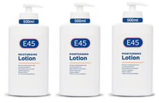 3 x E45 Moisturising Lotion 500ml Pump Bottle Dermatological. 1.5 Litres Total.