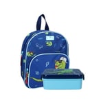 mybagstory - Sac à dos - Prêt - Dinosaure - Bleu - Enfant - Ecole - Maternelle - Garderie - Crèche - Cartable Garçon - Taille 29 cm - Bretelles réglables + Boîte à goûter