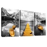 3 Pcs Gris Or Bateau Cadre en bois Impression sur Toile Tableau Montagnes et lac Image sur Toile Peinture Tableau Decoration Murale Salon Chambre Maison Bureau Prêt À Accrocher 90x40cm(12"x16"x3pcs)