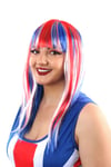 UNION JACK LONG WIG ADULTS FANCY DRESS BRITISH RED WHITE BLUE LADIES WIG