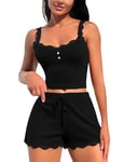 RSLOVE Ensemble de Pyjama en Dentelle pour Femme Vêtements de Nuit Sexy Hauts et Shorts 2 Pièces Noir XL