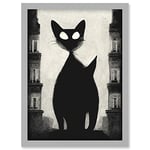 Doppelganger33 LTD Giant Black Cat Le Chat Noir City Monochrome Illustration Artwork Framed Wall Art Print A4