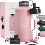 BeMaxx Gourde en acier inoxydable ACTIVE FLASK + paille (3 couvercles) | Grande bouteille de sport 2,2 litres / 2l XL sans BPA antifuite gazéifiée, Pour les Sportifs & Entrainement en Plein Air