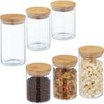 Lot de 6 bocaux en verre avec couvercle bambou, 650 ml, 800 ml et 1 l, hermétique, transparent/naturel - Relaxdays