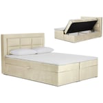 Lit boxspring 140x200 avec coffre de rangement en velours beige dakota