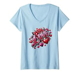 Womens The Word Love surrounded By Hearts And Red Roses V-Neck T-Shirt