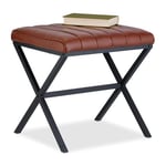 Relaxdays Tabouret matelassé, en Similicuir et métal, Style Industriel, Repose-Pieds, HLP : 46 x 47 x 42 cm, Noir/Marron, Plaque de Fibres