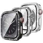 3 Pièces Coque D'écran Diamond pour Apple Watch 44mm Series 6/5/4/SE pour Femmes Coque,Bling Coques PC Rigide Protecteur D'écran en Verre Trempé pour iWatch 44mm,Noir/Argent/Transparence