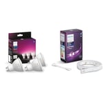 Philips Hue White & Colour Ambiance Smart Spotlight 3 Pack LED [GU10 Spotlight] - 350 Lumens & Lightstrip Extension v4 [1 m] White and Colour Ambiance Smart LED Kit with Bluetooth