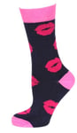 Socks Pink Kiss Valentine design Pink Lips on Navy size 4-7 (37-42)