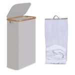 efluky Panier à Linge avec Couvercle 75L, Panier à Linge étroit avec Poche Intérieure, Bac à linge Gris Clair avec Poignées en Bambou, Paniers à Linge Pliables pour Buanderie Chambre Salle de Bain