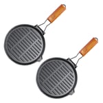 SOGA 2X 24cm Round Ribbed Cast Iron Steak Frying Grill Skillet Pan with Folding Wooden Handle - Frying Pans - ZPai026X2