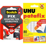 Scotch-Fix Ruban Adhésif Double Face de fixation Extrême pour Extérieur, 19 mm x 1,5 m & UHU Patafix blanche - pastilles adhésives prédécoupées, pâte à fixer, repositionnables, blanche, 80 pastilles