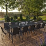 IDMARKET Salon de jardin MADRID table extensible plateau gris 135-270 CM et 12 chaises empilables gris anthracite