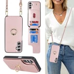 Ｈａｖａｙａ Coque pour Samsung A14 5G avec Cordon RFID Porte Carte Portefeuille Étui Samsung Galaxy A14 5G avec Cordon Anneau Telephone Portable Réglable Collier Housse Etui pour Femmes - Or Rose