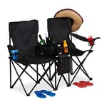 relaxdays Chaise de Camping Double, Fauteuil de Jardin 2, Pliable, Glacière, Rangement Porte-Boissons, Noir