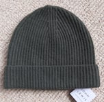 JOHN LEWIS 100% Cashmere KHAKI GREEN Cuff BEANIE Hat Lighweight Toque Mens Tags